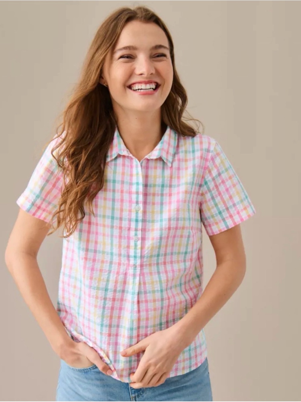 L.L. Bean Pastel Plaid Button-Front Top - Pink, Green, Yellow, Peach